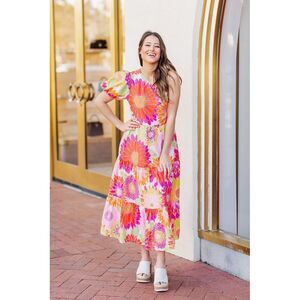 J.Marie Women's Floral Print One‎ Shoulder Puff Sleeve Midi Dress Size XL NWT